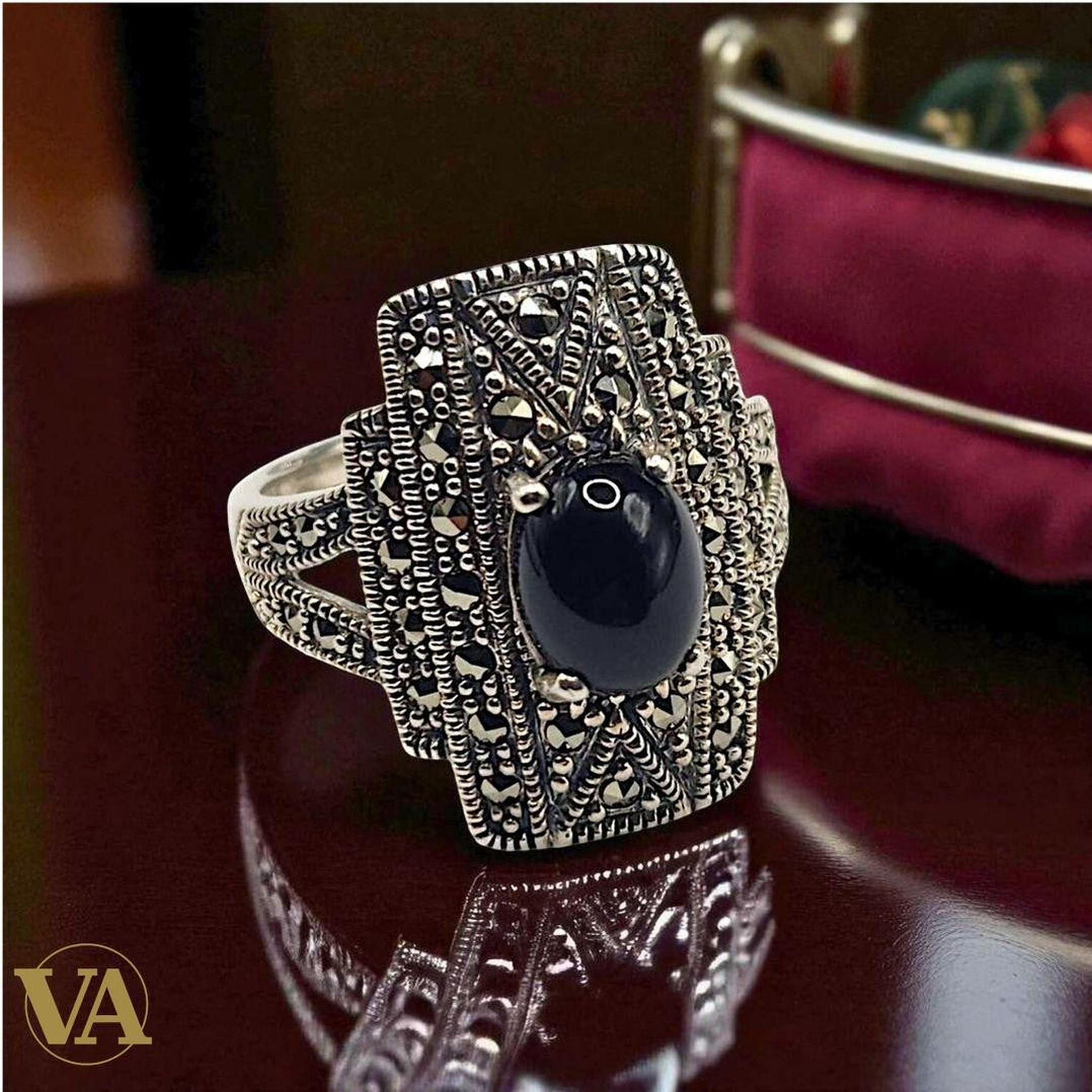 Bague Femme Art Déco argent 925 – Marcassites & Onyx | Bijoux Vindicta