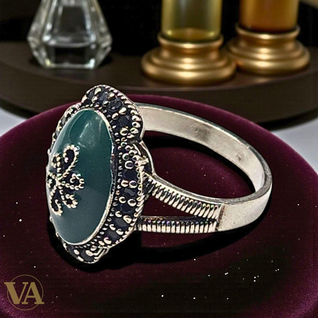 Bague femme argent 925 aventurine verte et marcassites