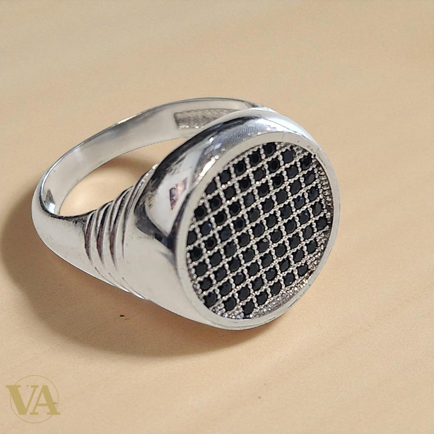 Bague homme argent 925 pavée pierres noires