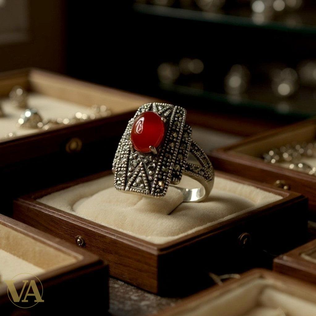 Bague argent 925 cornaline et marcassites