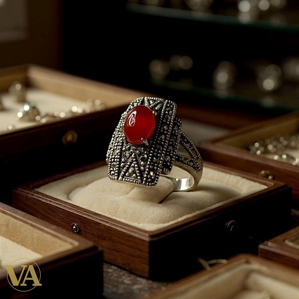 Bague argent 925 cornaline et marcassites