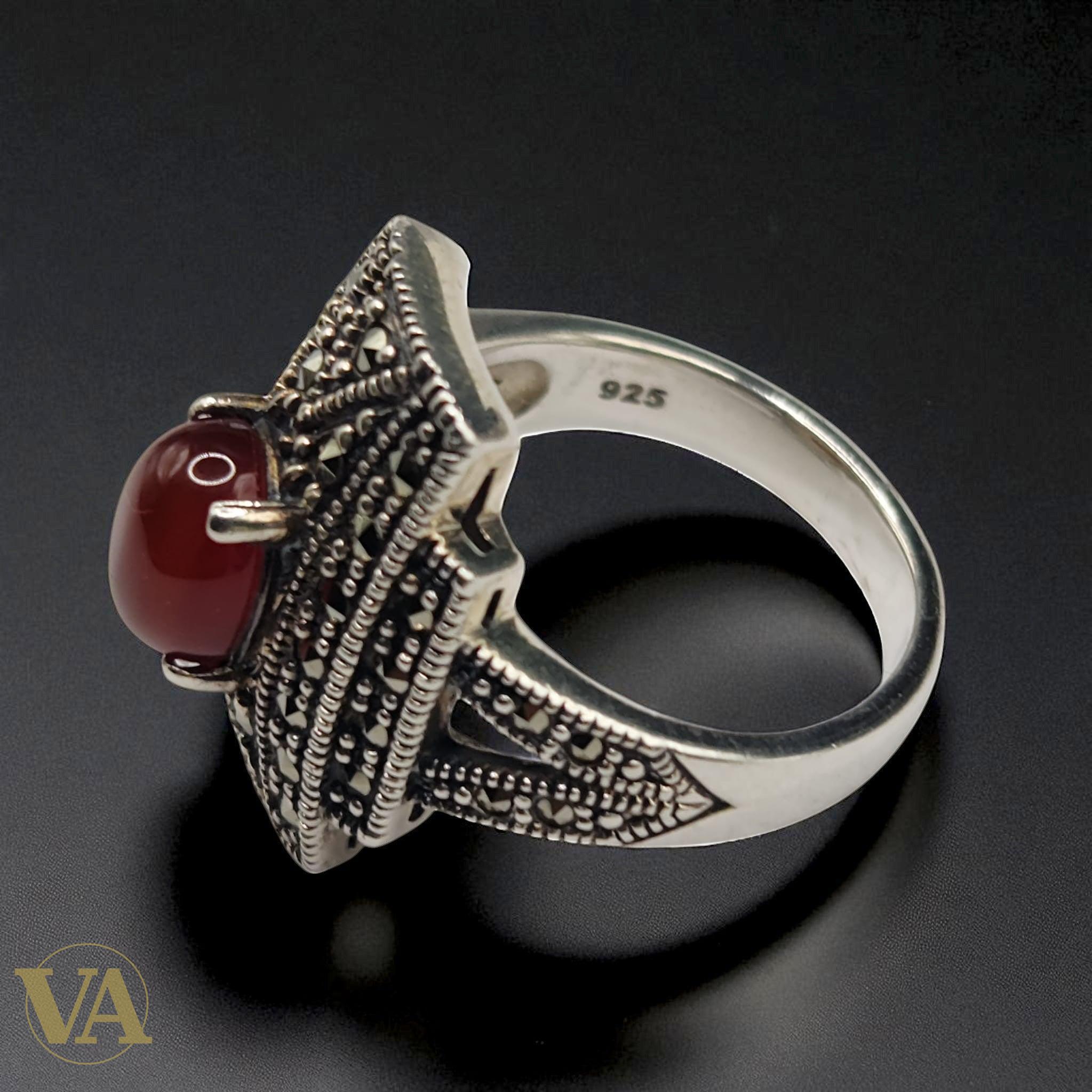 Bague argent 925 cornaline et marcassites