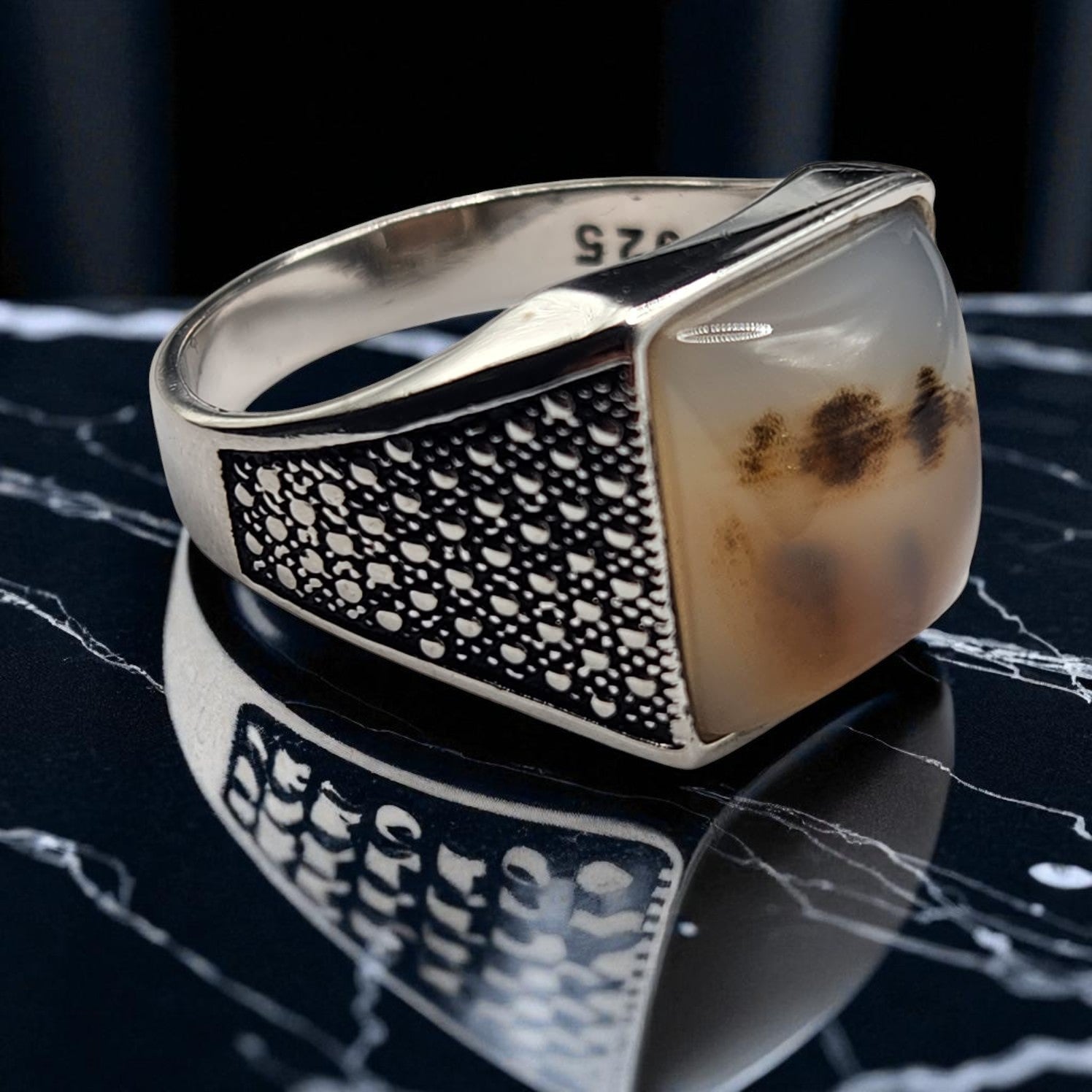 Bague Homme en Argent 925 avec Agate Dendritique