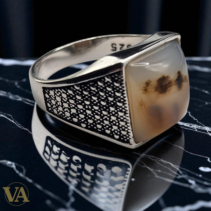 Bague Homme en Argent 925 avec Agate Dendritique