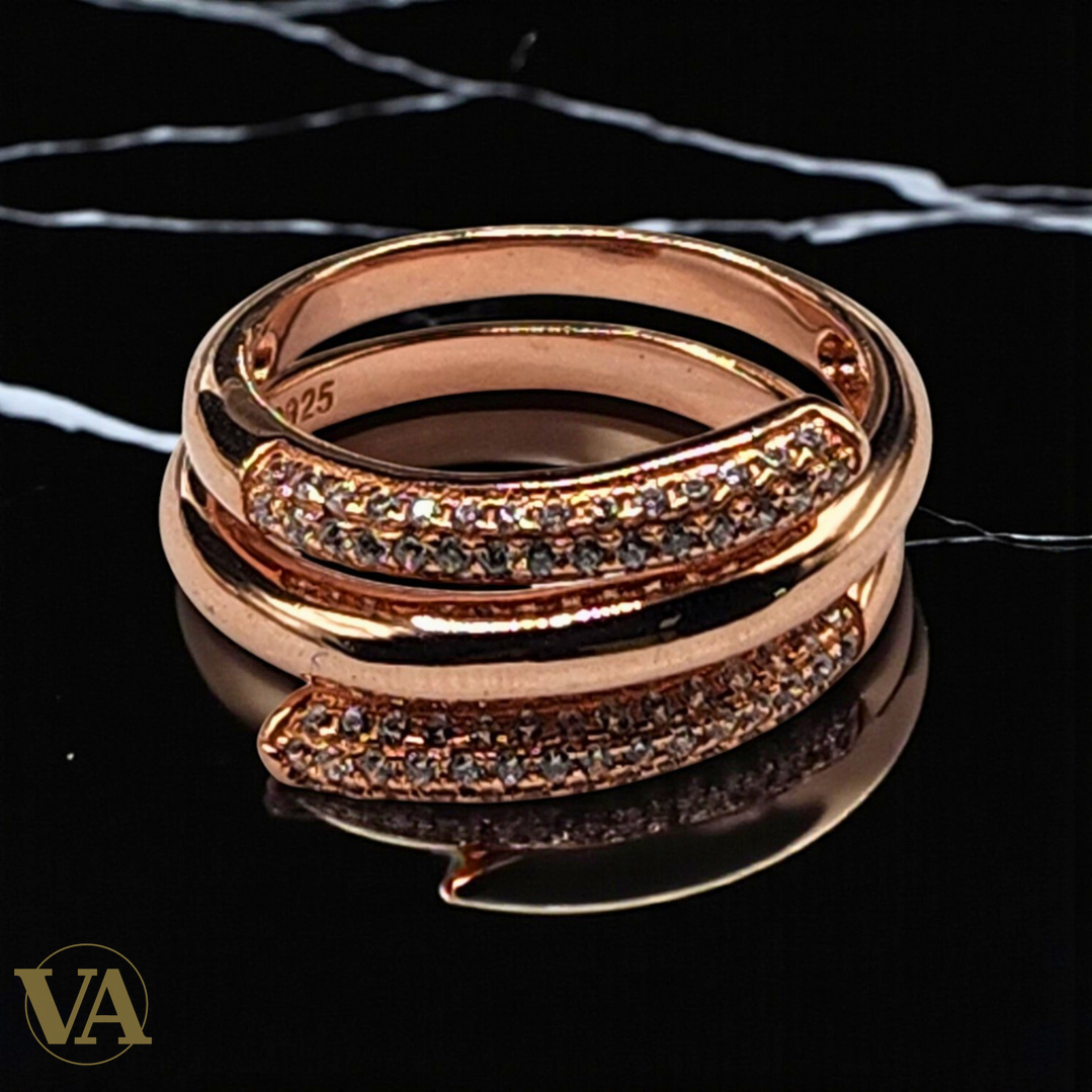 Bague femme argent 925 or rose zircons croisés