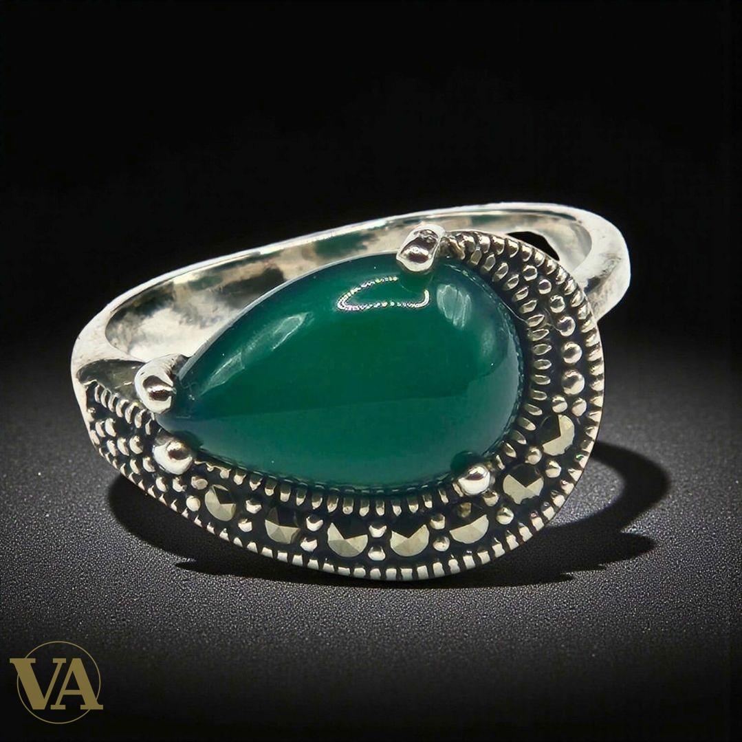 Bague femme argent 925 – Agate verte cabochon poire et marcassites – Élégance vintage