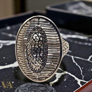 Women's Oval Openwork Ring in Sterling Silver and Marcasite
