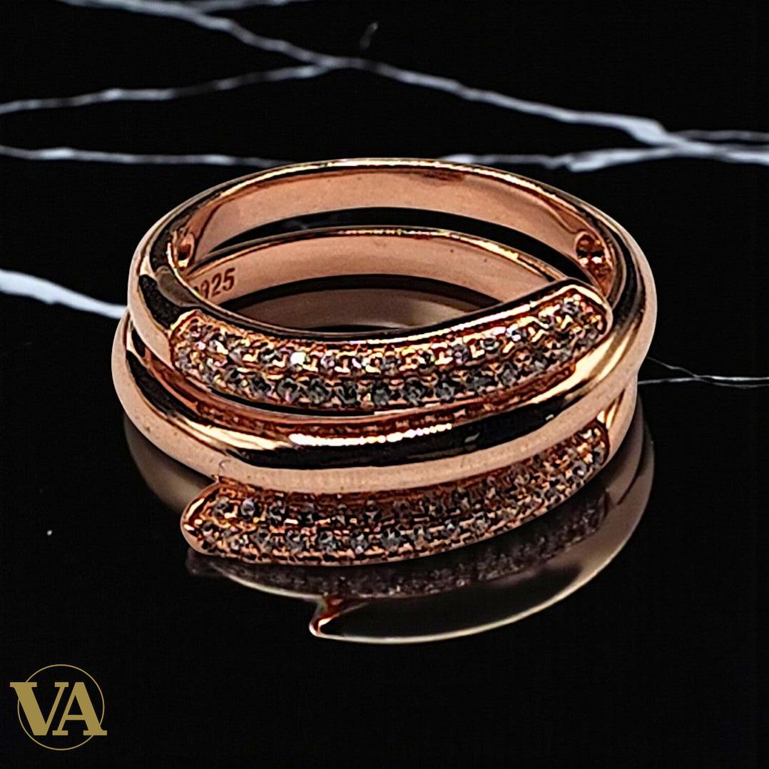 Bague femme argent 925 or rose zircons croisés