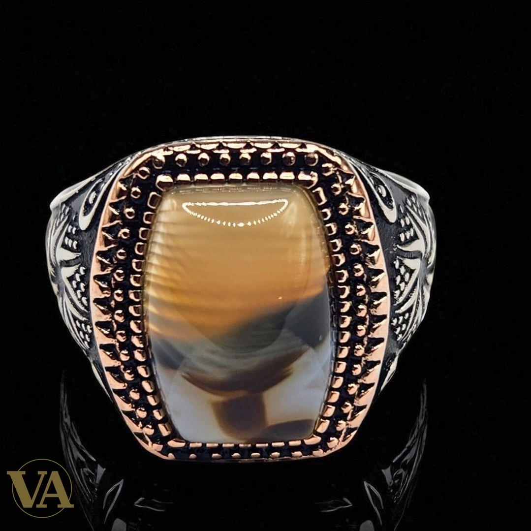 Bague homme argent 925 agate miel