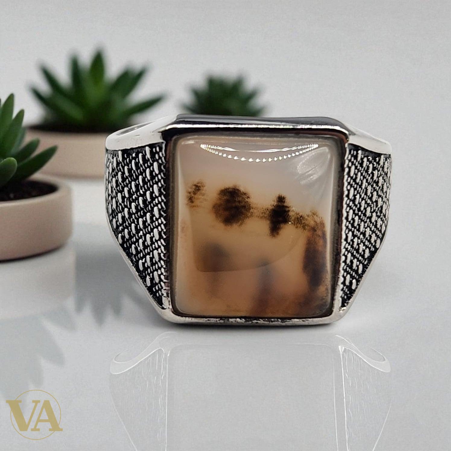 Bague Homme en Argent 925 avec Agate Dendritique