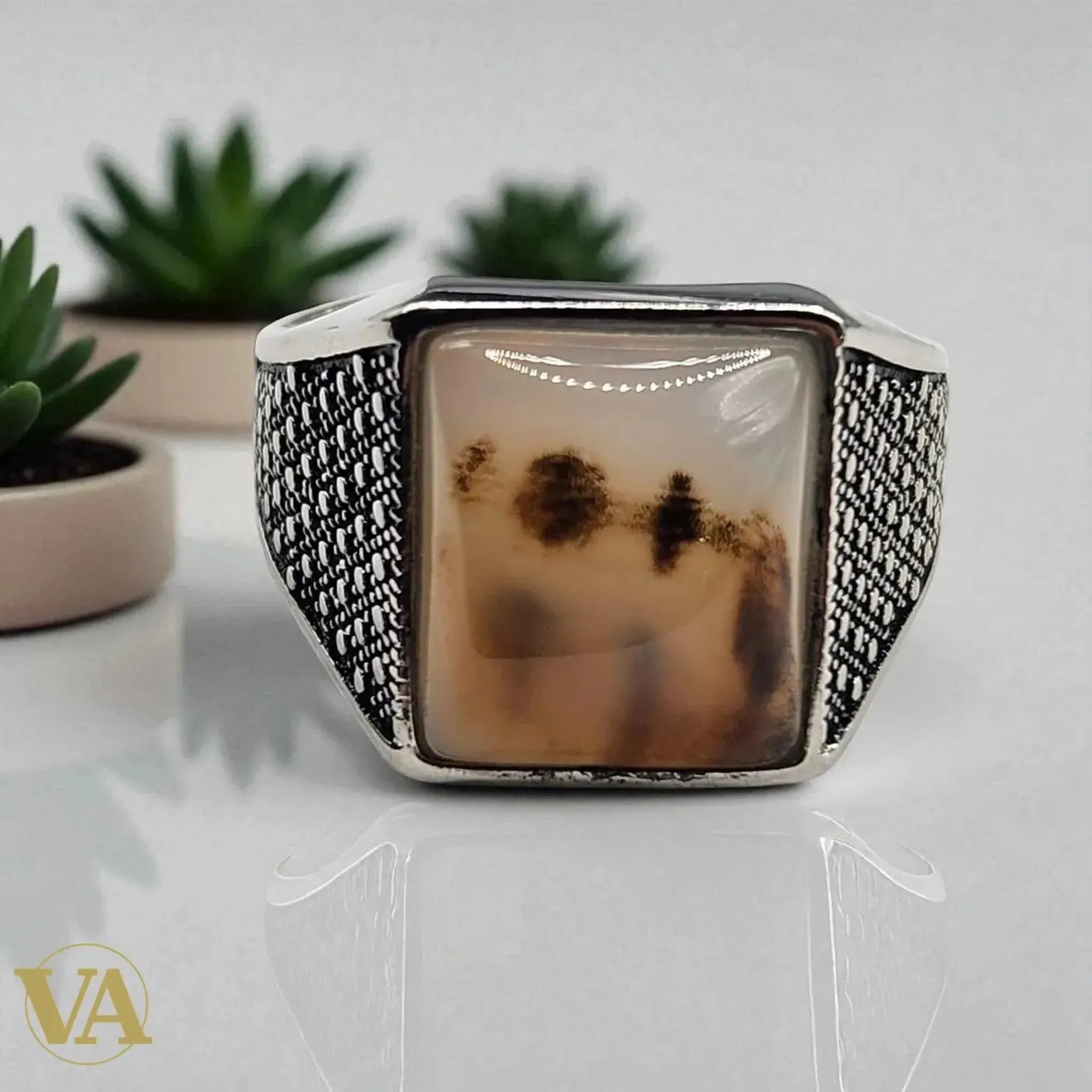 Bague Homme en Argent 925 avec Agate Dendritique | Bijoux Vindicta