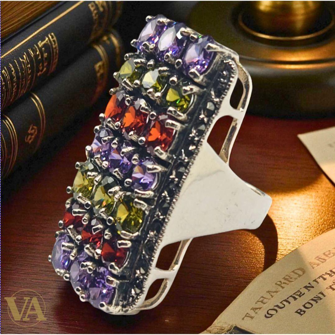 Bague Argent 925 Améthyste, Citrine, Péridot, Grenat