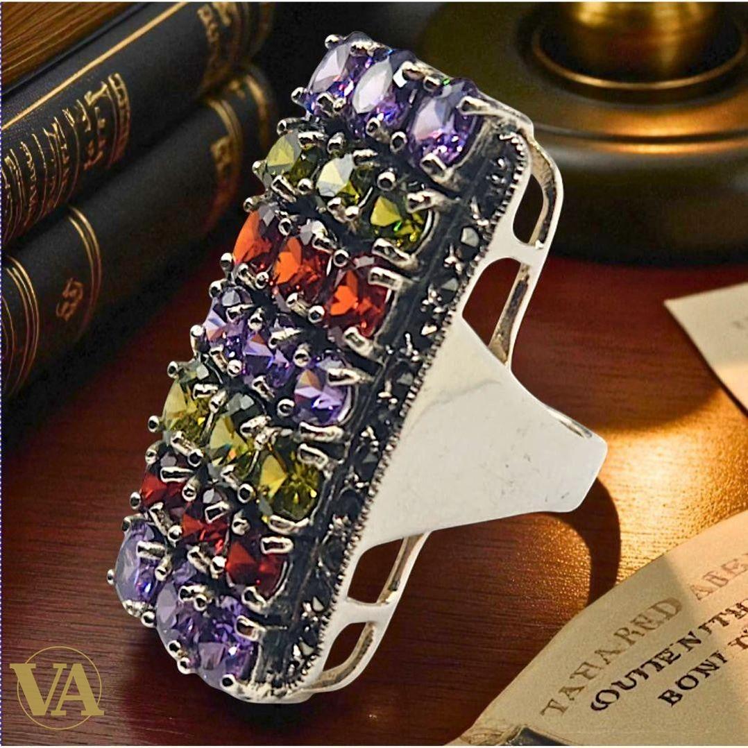 Bague Argent 925 Améthyste, Citrine, Péridot, Grenat