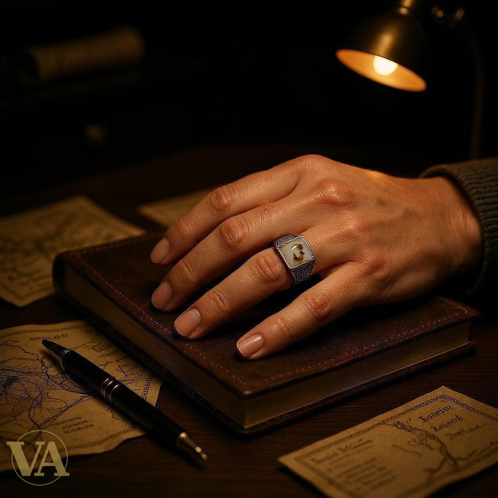 Bague Homme en Argent 925 avec Agate Dendritique