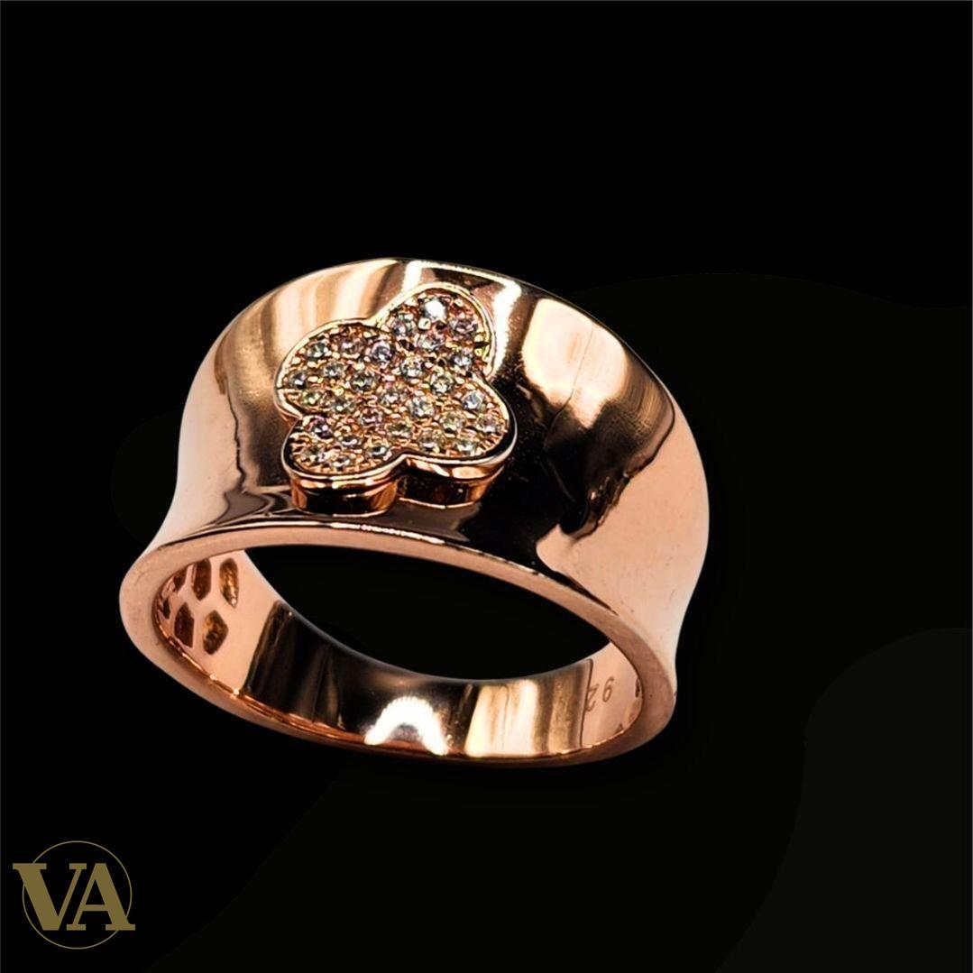 Bague argent 925 rosée – large anneau, trèfle pavé