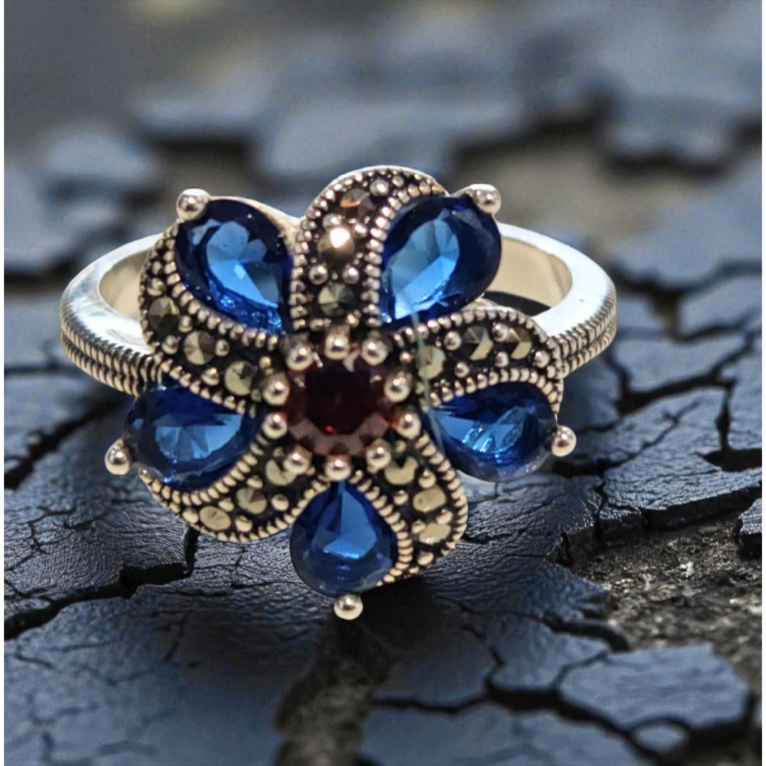 Bague Argent 925 Fleur Bleue & Marcassites
