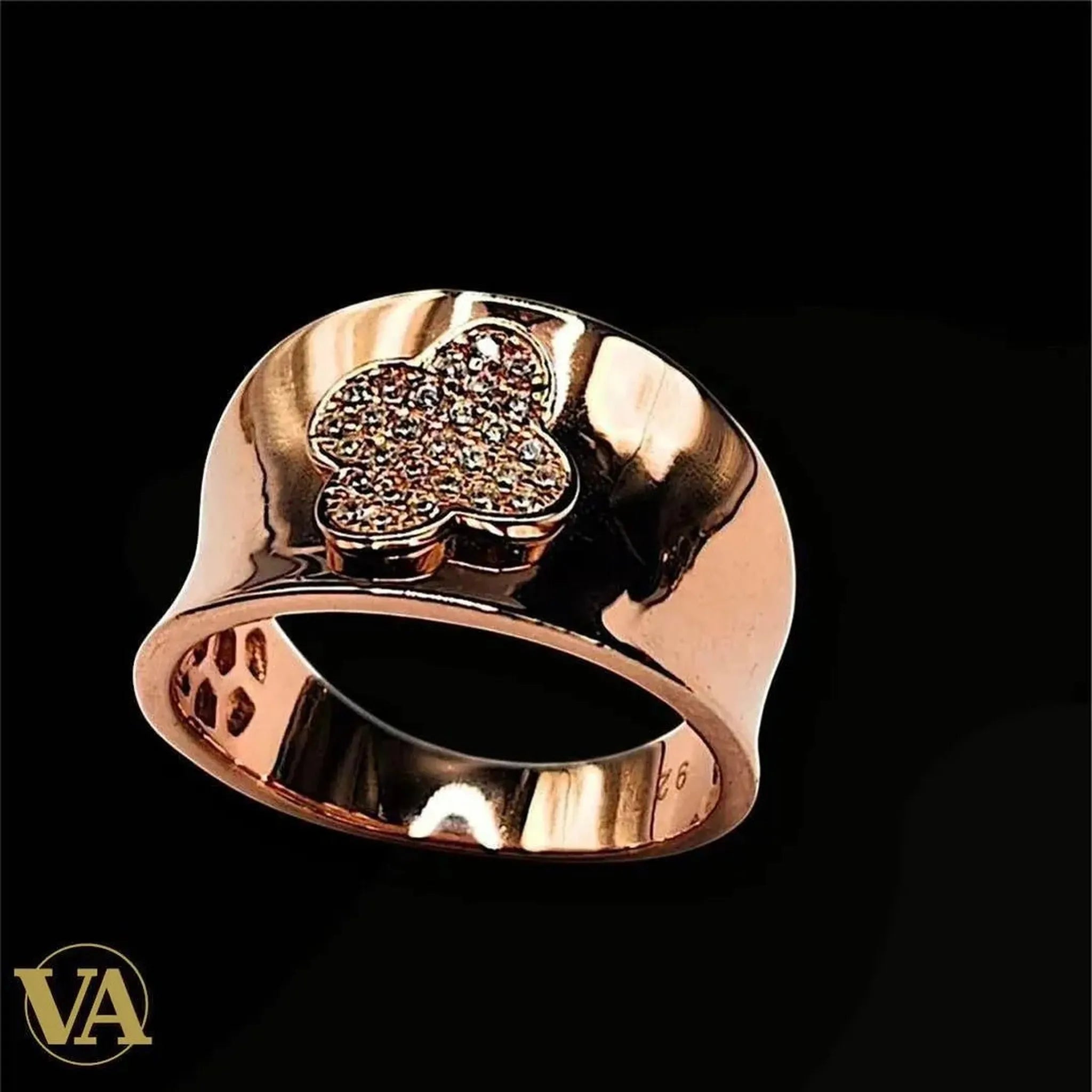 Bague Femme argent 925 rosée – large anneau, trèfle pavé | Bijoux Vindicta