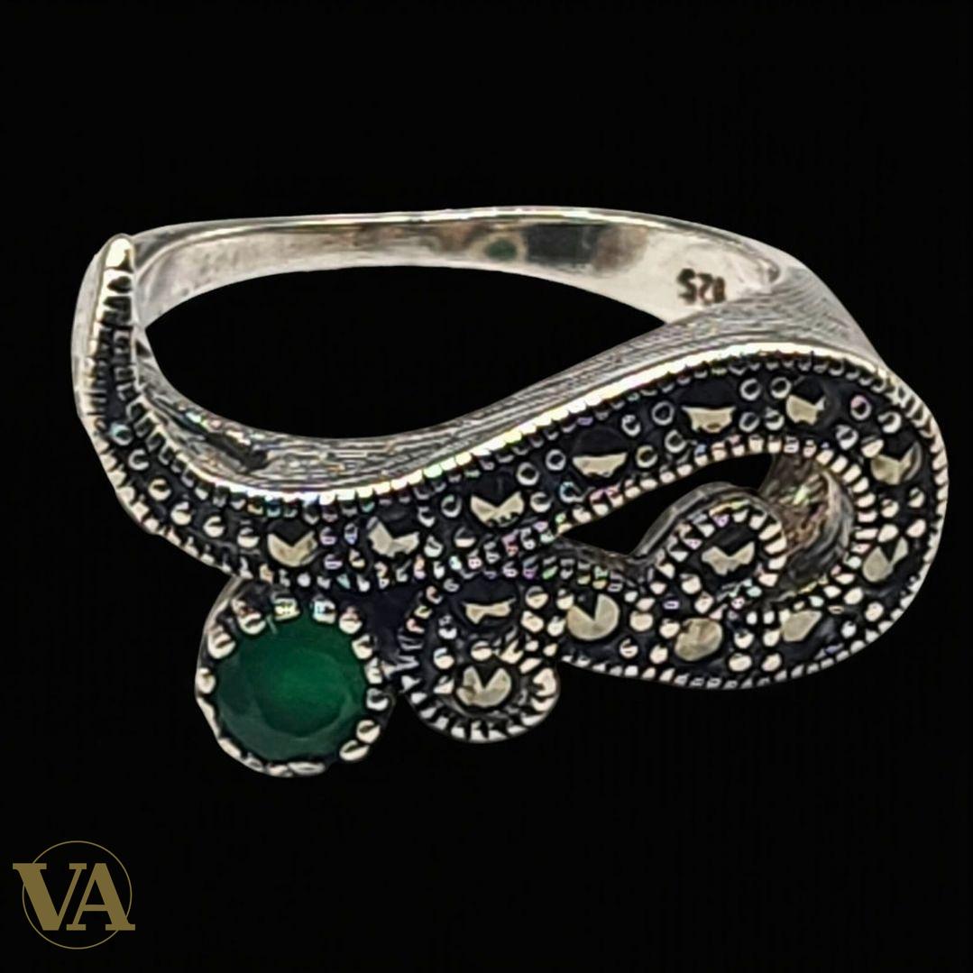 Bague Femme Argent 925 – Émeraude synthétique & Marcassites