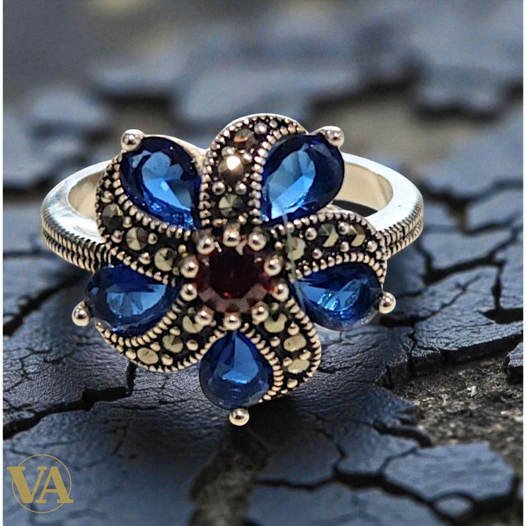 Bague Argent 925 Fleur Bleue & Marcassites