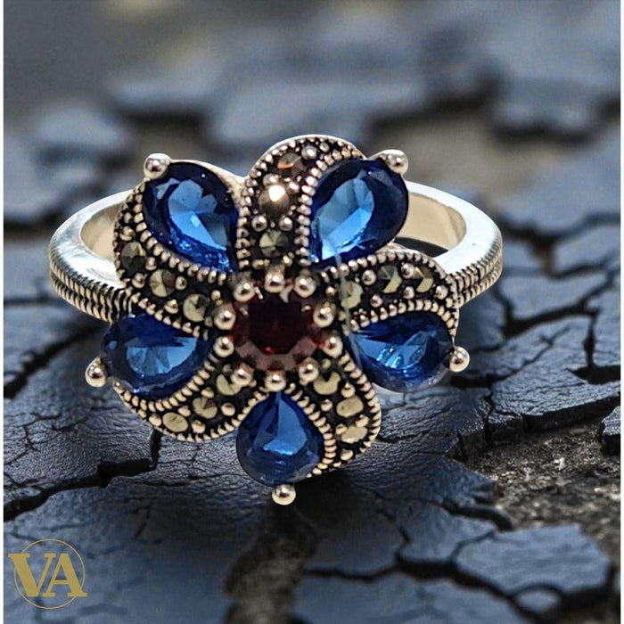Bague Argent 925 Fleur Bleue & Marcassites