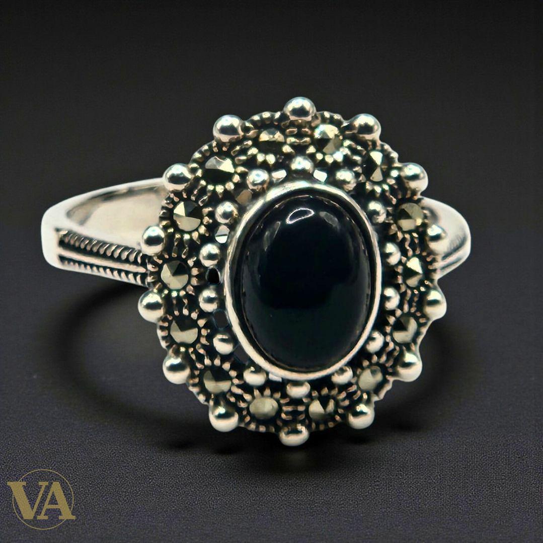 Bague femme argent 925 – Onyx noir cabochon ovale et marcassites – Élégance vintage