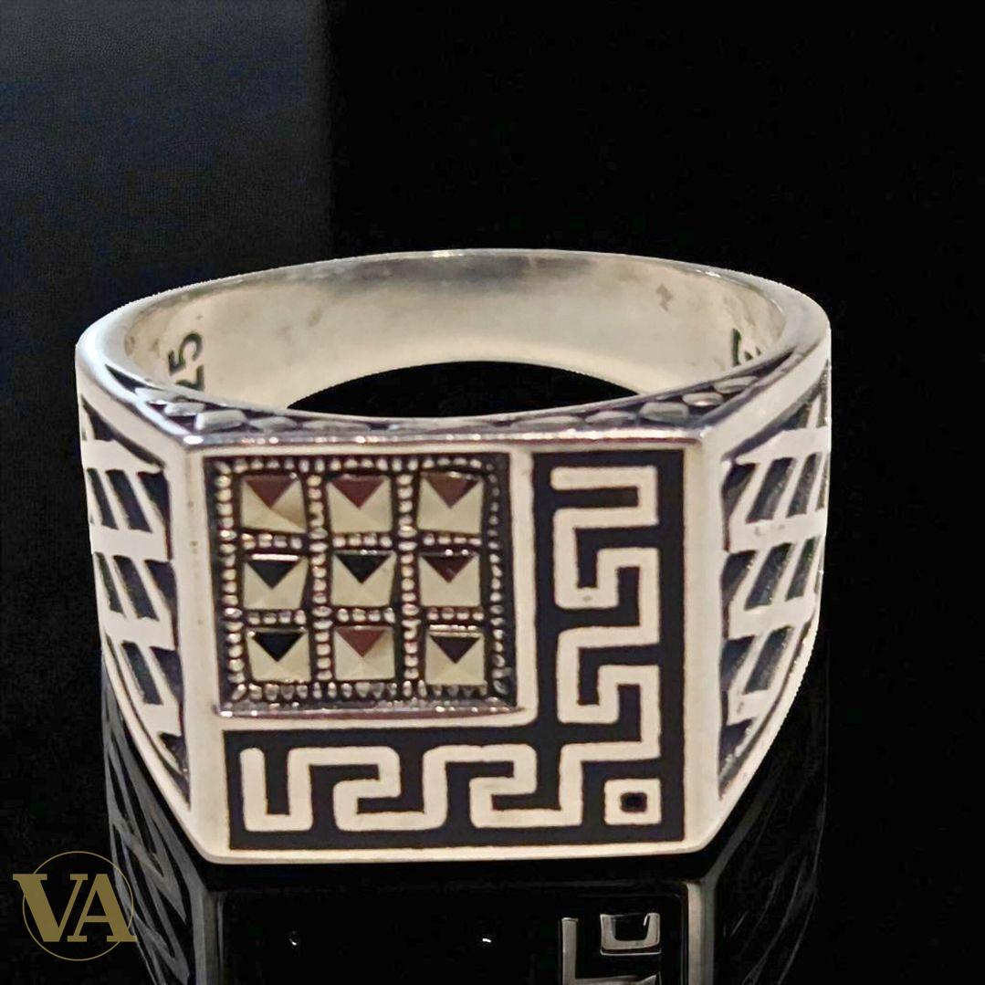 Bague homme argent 925 motif grec géométrique