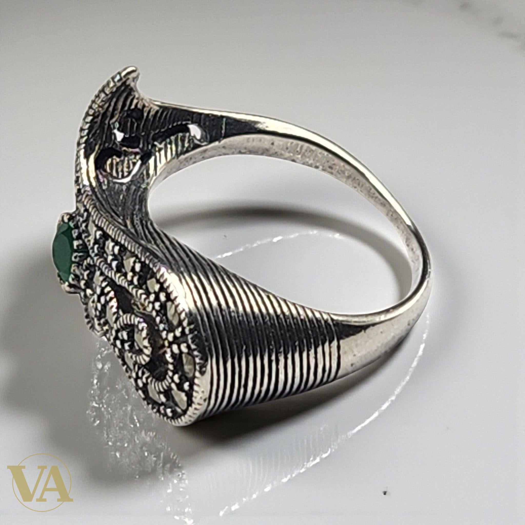 Bague Femme Argent 925 – Émeraude synthétique & Marcassites