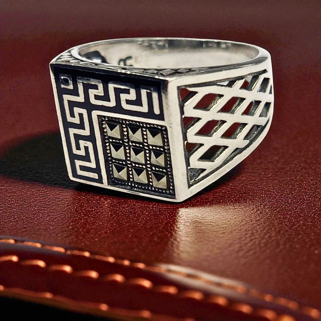 Bague homme argent 925 motif grec géométrique