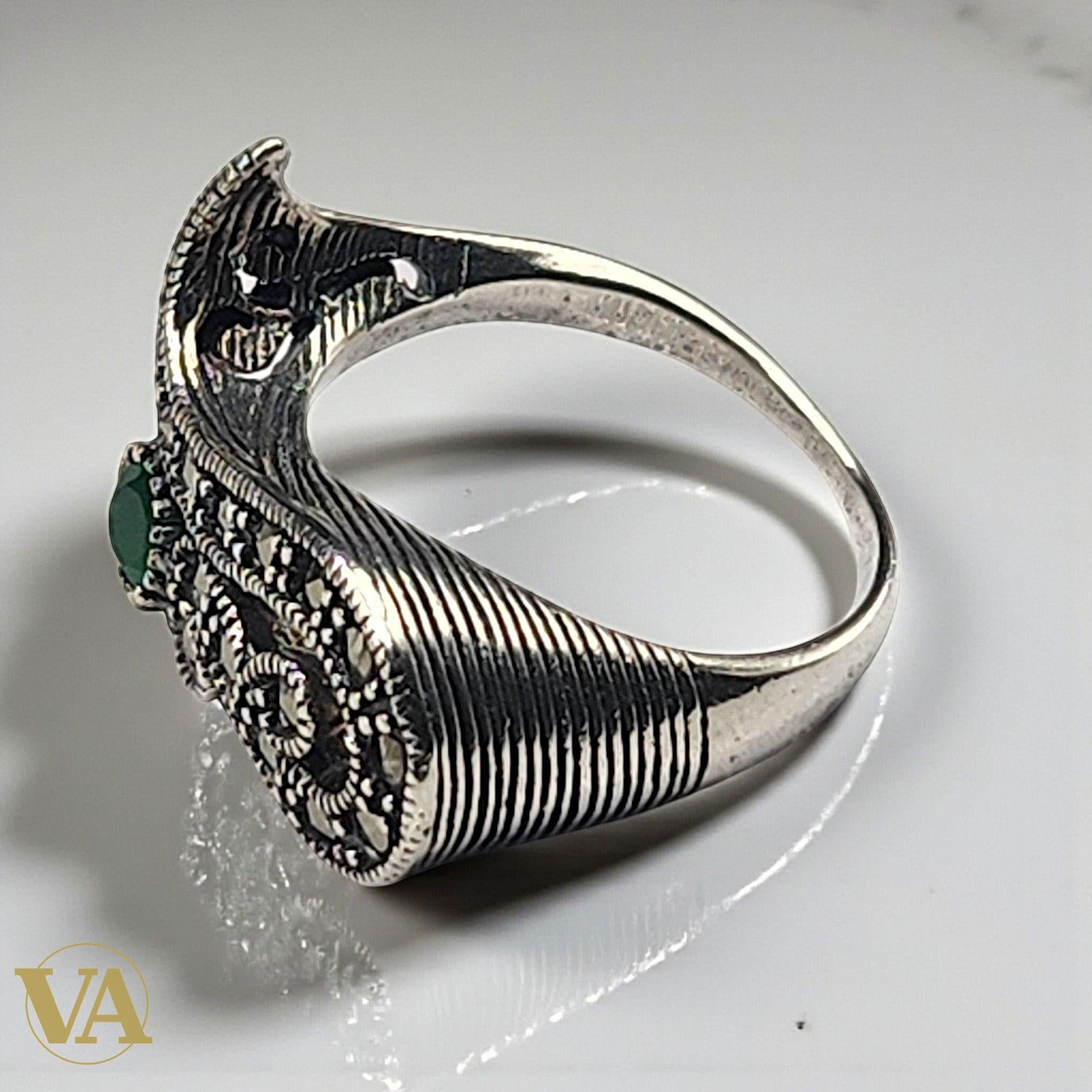 Bague Femme Argent 925 – Émeraude synthétique & Marcassites | Bijoux Vindicta