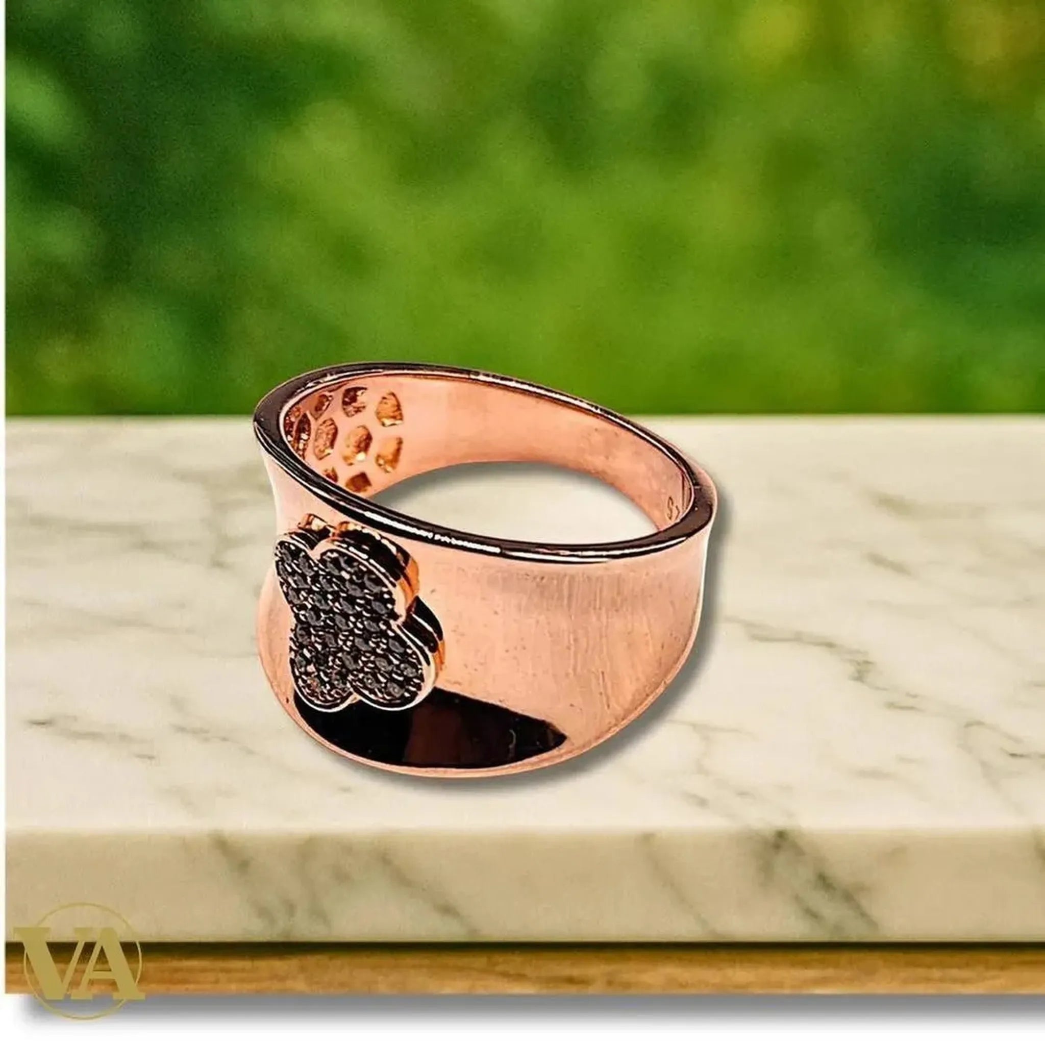 Bague Femme argent 925 rosée – large anneau, trèfle pavé | Bijoux Vindicta