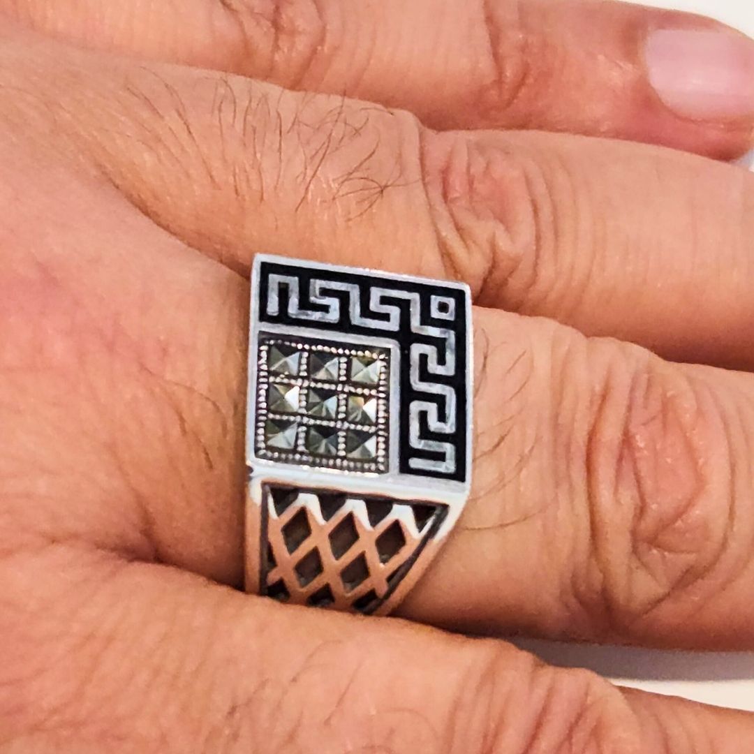 Bague homme argent 925 motif grec géométrique