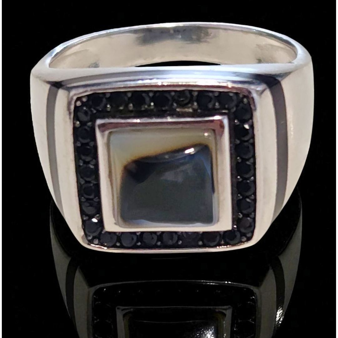 Bague homme argent 925 agate grise & pierres noires