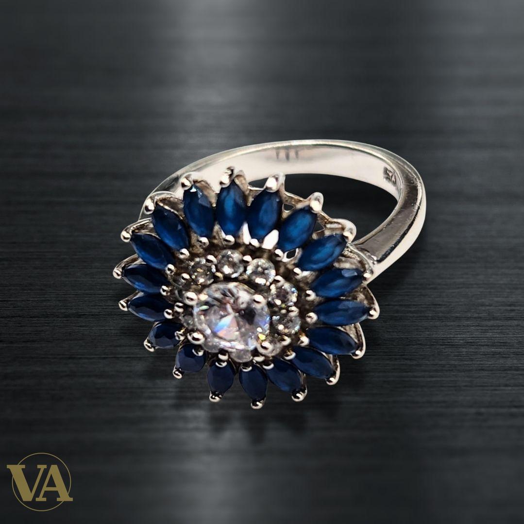 Bague argent 925 fleur zirconium et pierres bleues
