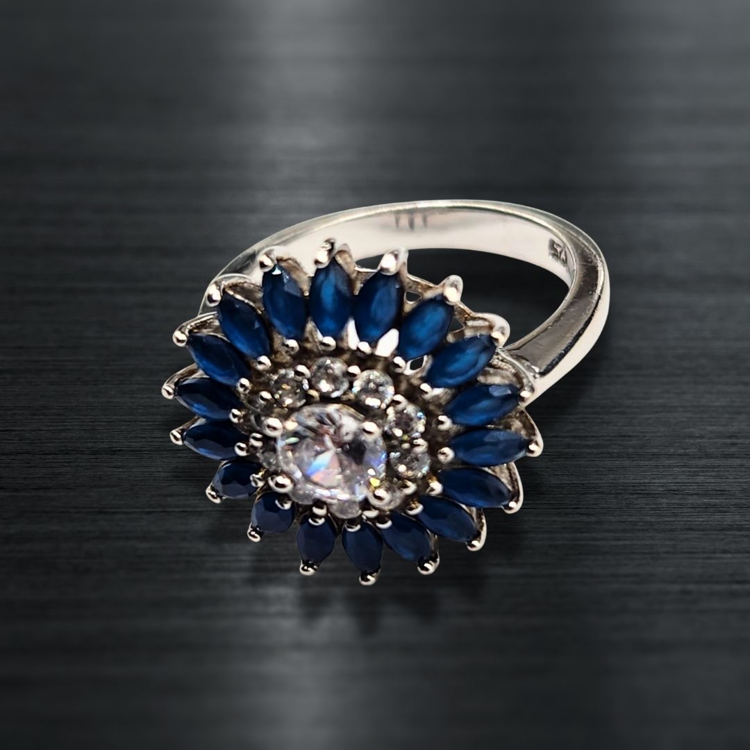 Bague argent 925 fleur zirconium et pierres bleues