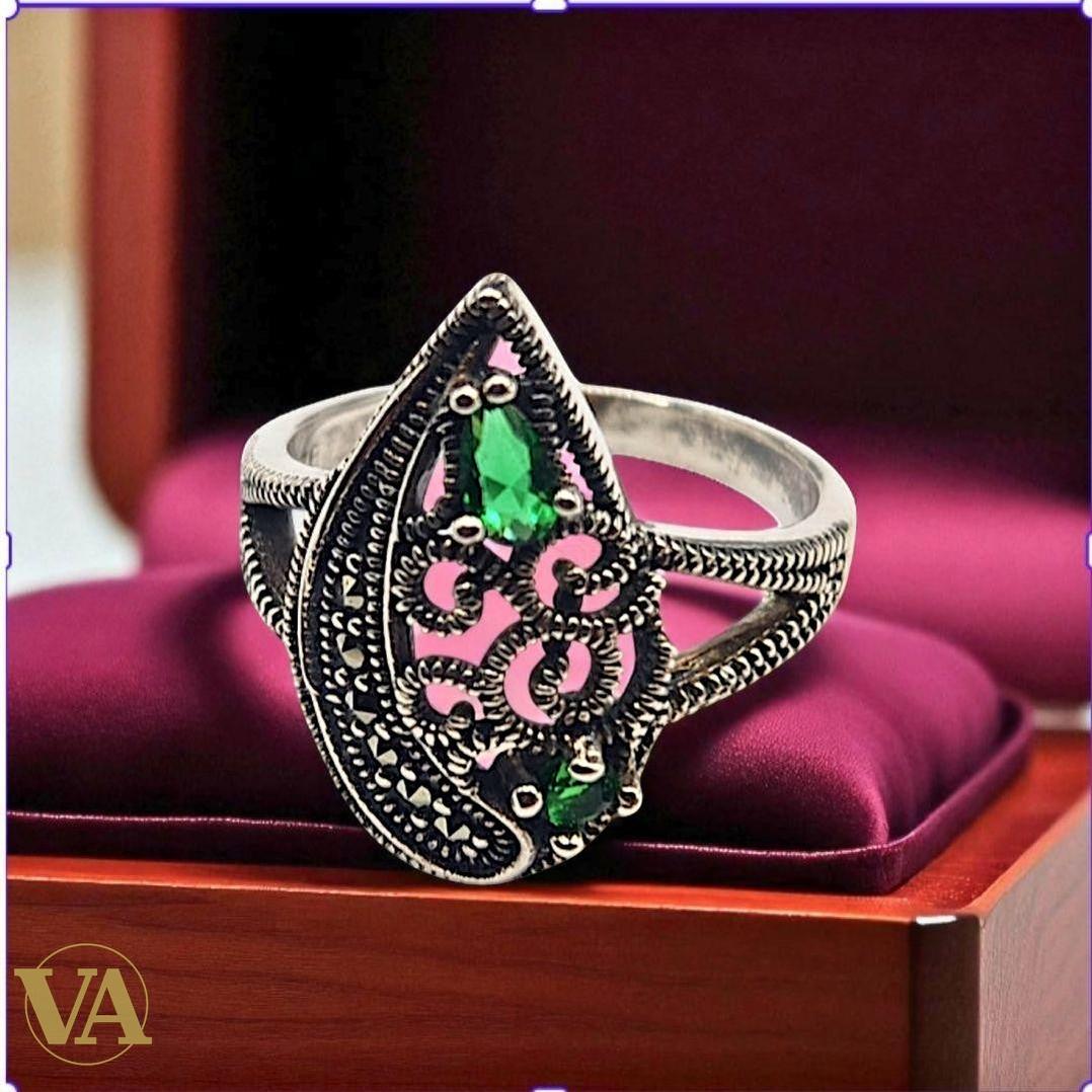 Bague argent 925 zirconium vert  éclatant et marcassite