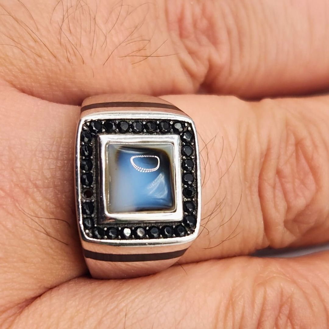 Bague homme argent 925 agate grise & pierres noires