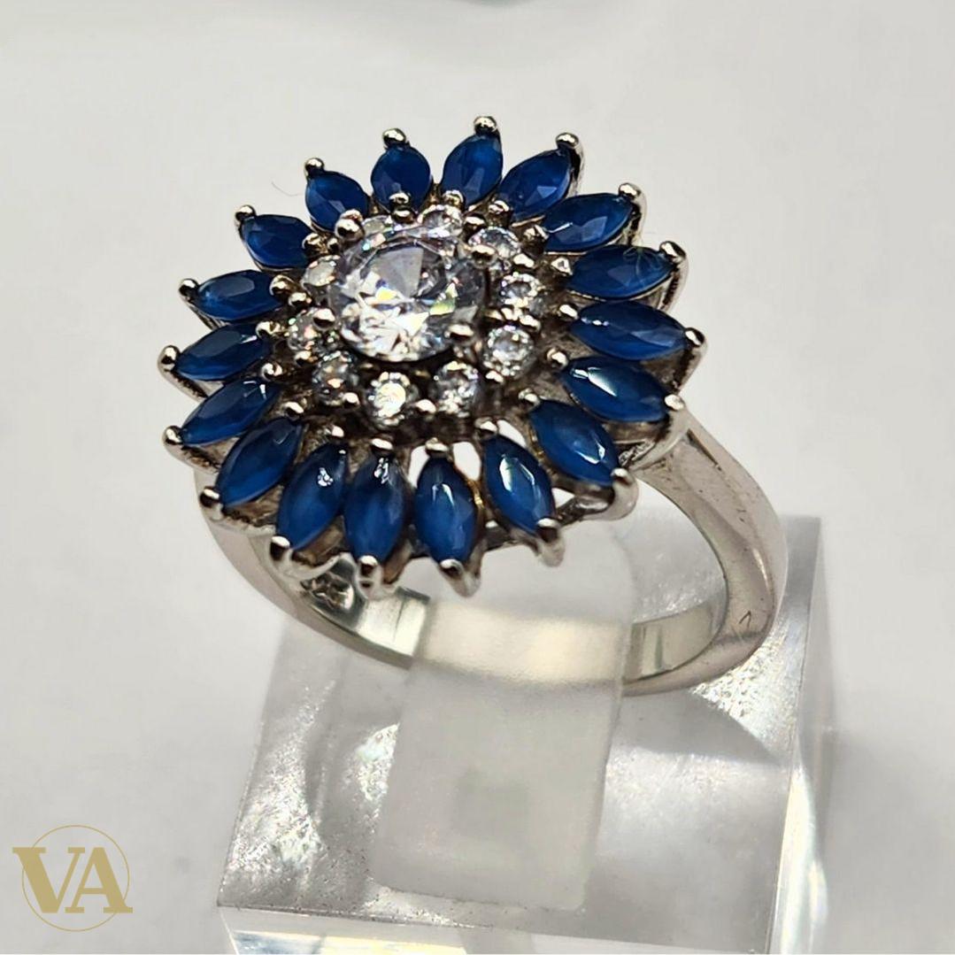 Bague argent 925 fleur zirconium et pierres bleues