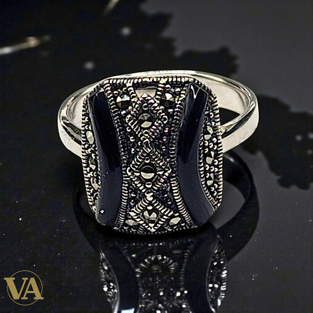 Bague femme argent 925 onyx noir et marcassites