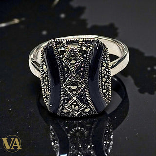 Bague femme argent 925 onyx noir et marcassites
