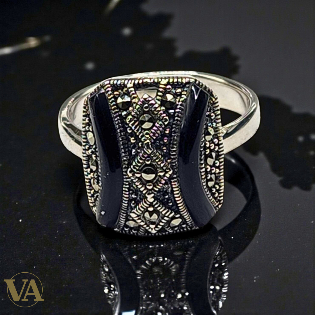 Bague femme argent 925 onyx noir et marcassites