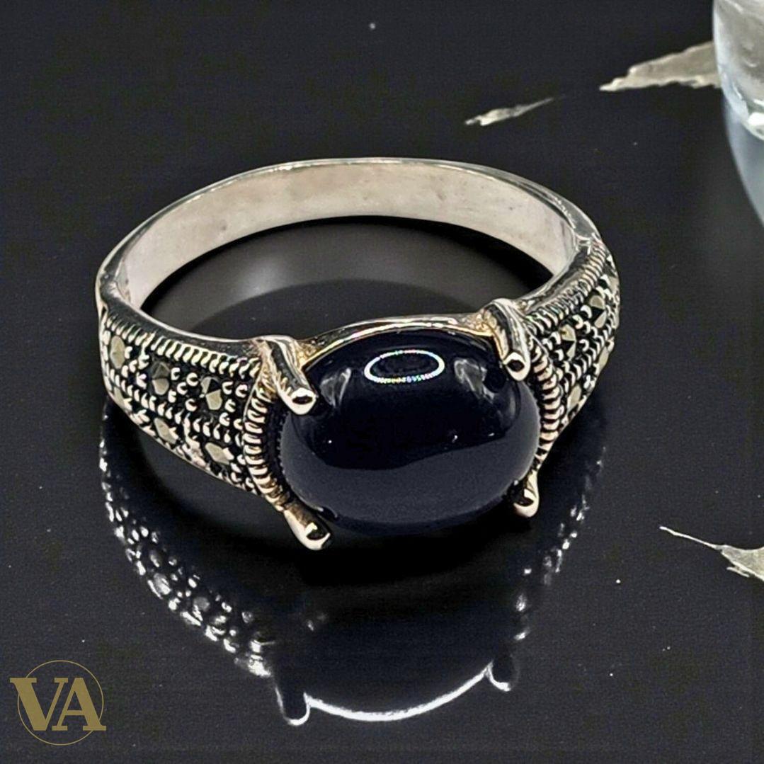 Bague femme Cabochon Noir Argent 925 & Marcassites