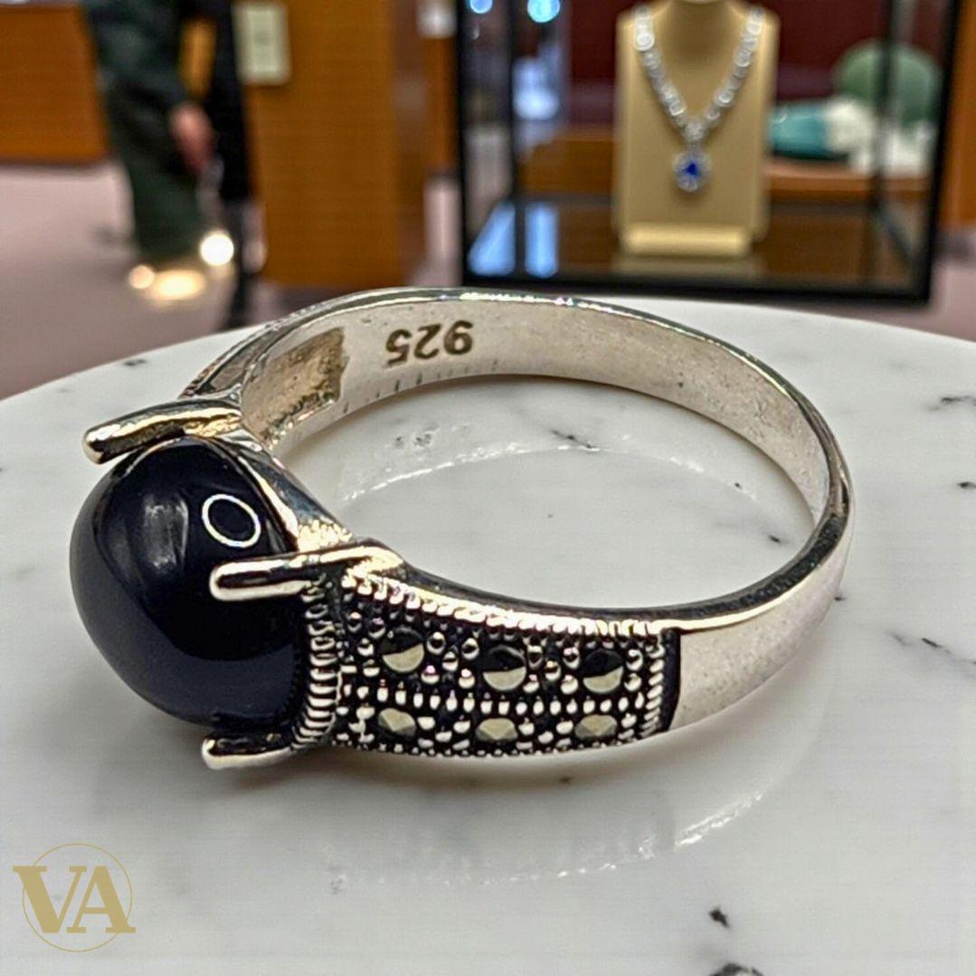 Bague femme Cabochon Noir Argent 925 & Marcassites