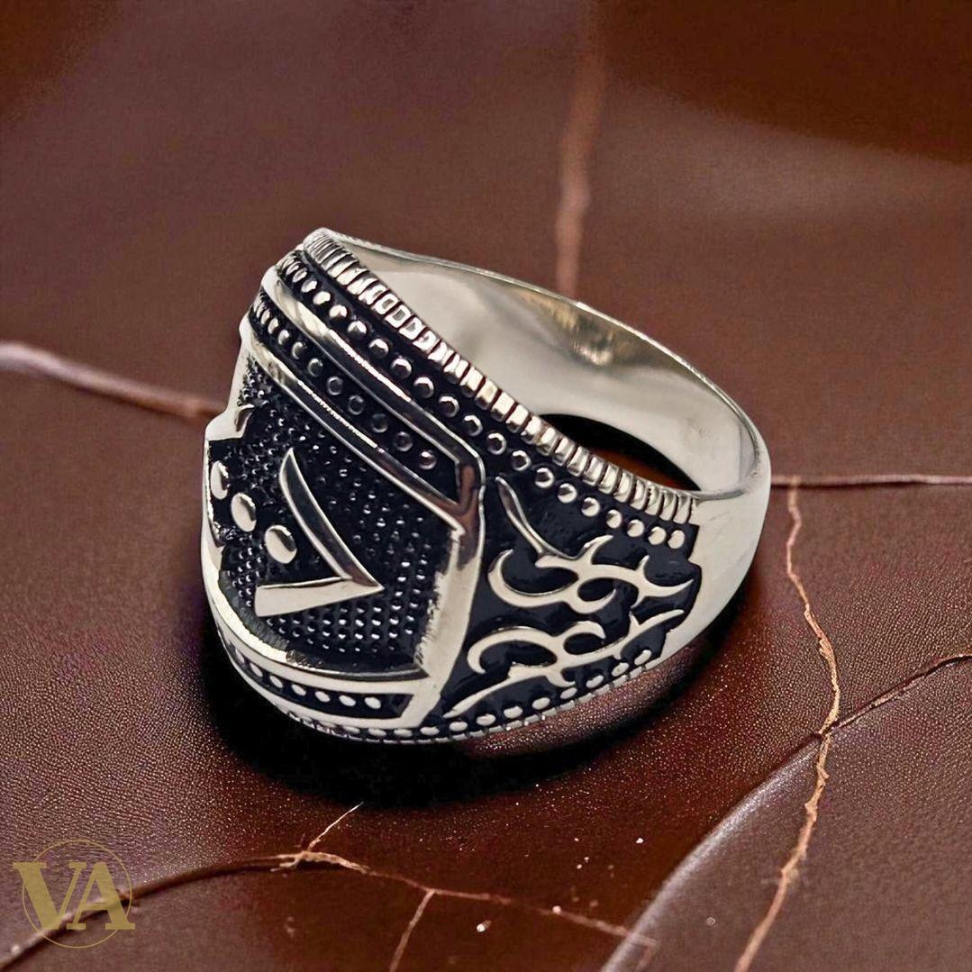 Bague homme argent 925 sceau rond motif géométrique