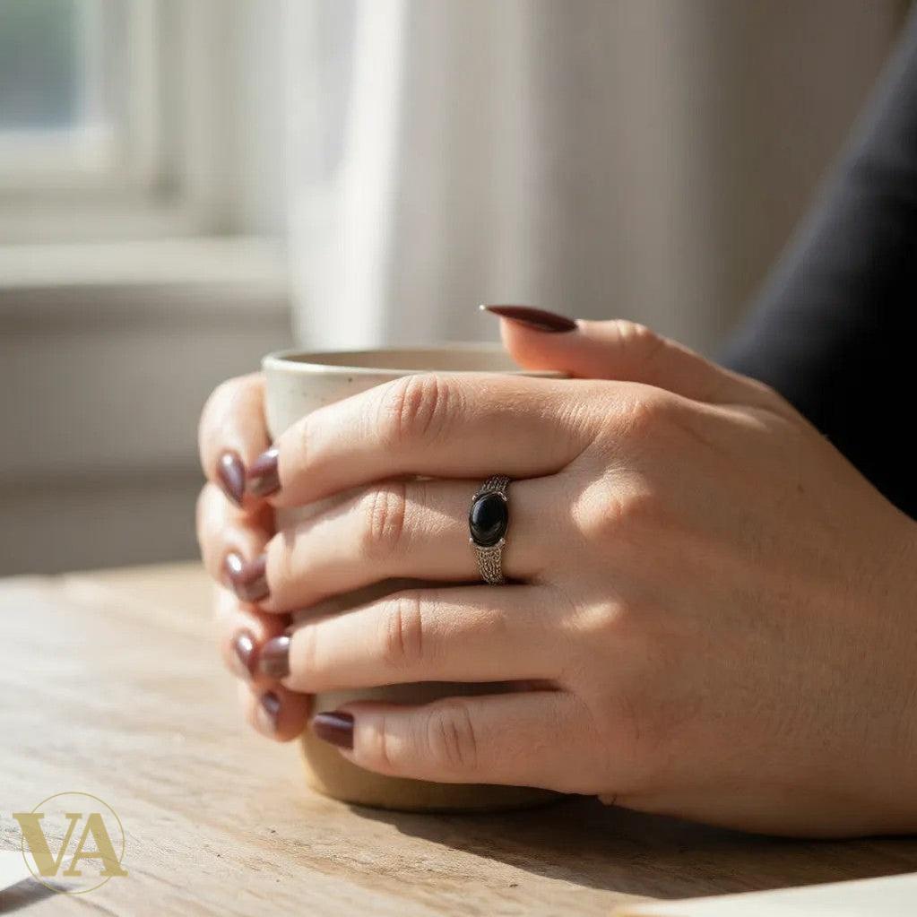 Bague femme Cabochon Noir Argent 925 & Marcassites