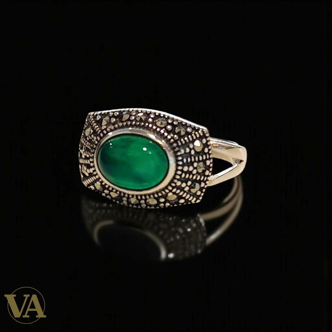 Bague femme argent 925 et marcassites – Agate verte cabochon