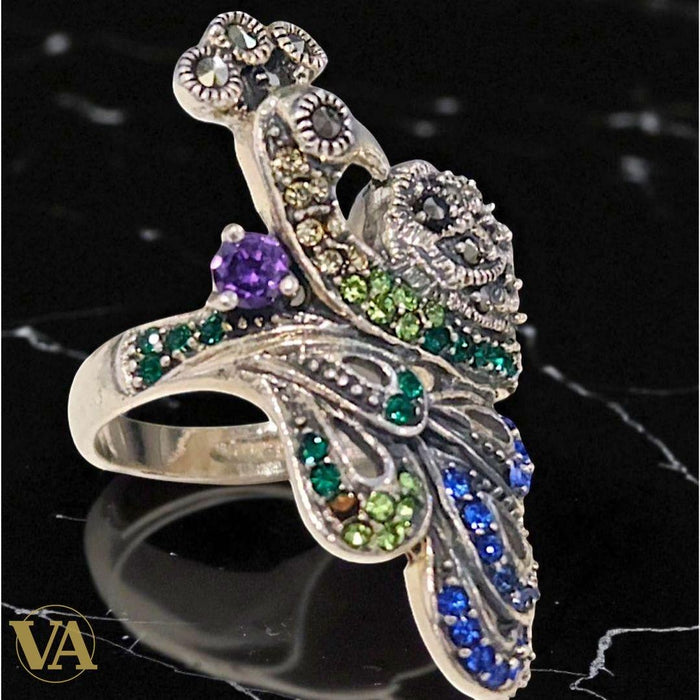 Bague Argent 925 Paon Marcassites & Pierres