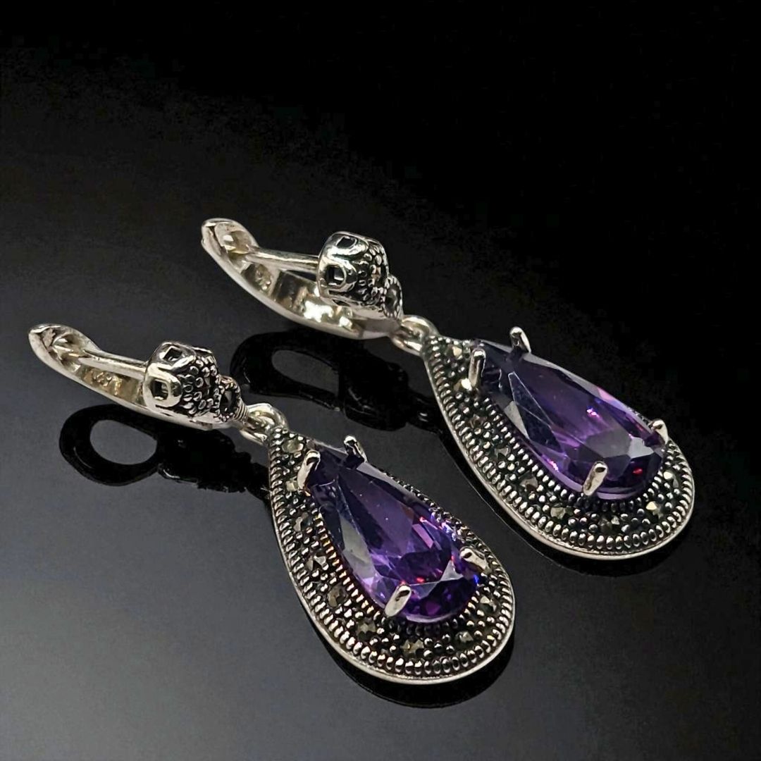Boucles d’oreilles pendantes goutte Améthyste en Argent 925 style vintage