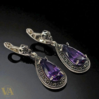 Boucles d’oreilles Femme pendantes goutte Améthyste en Argent 925 style vintage