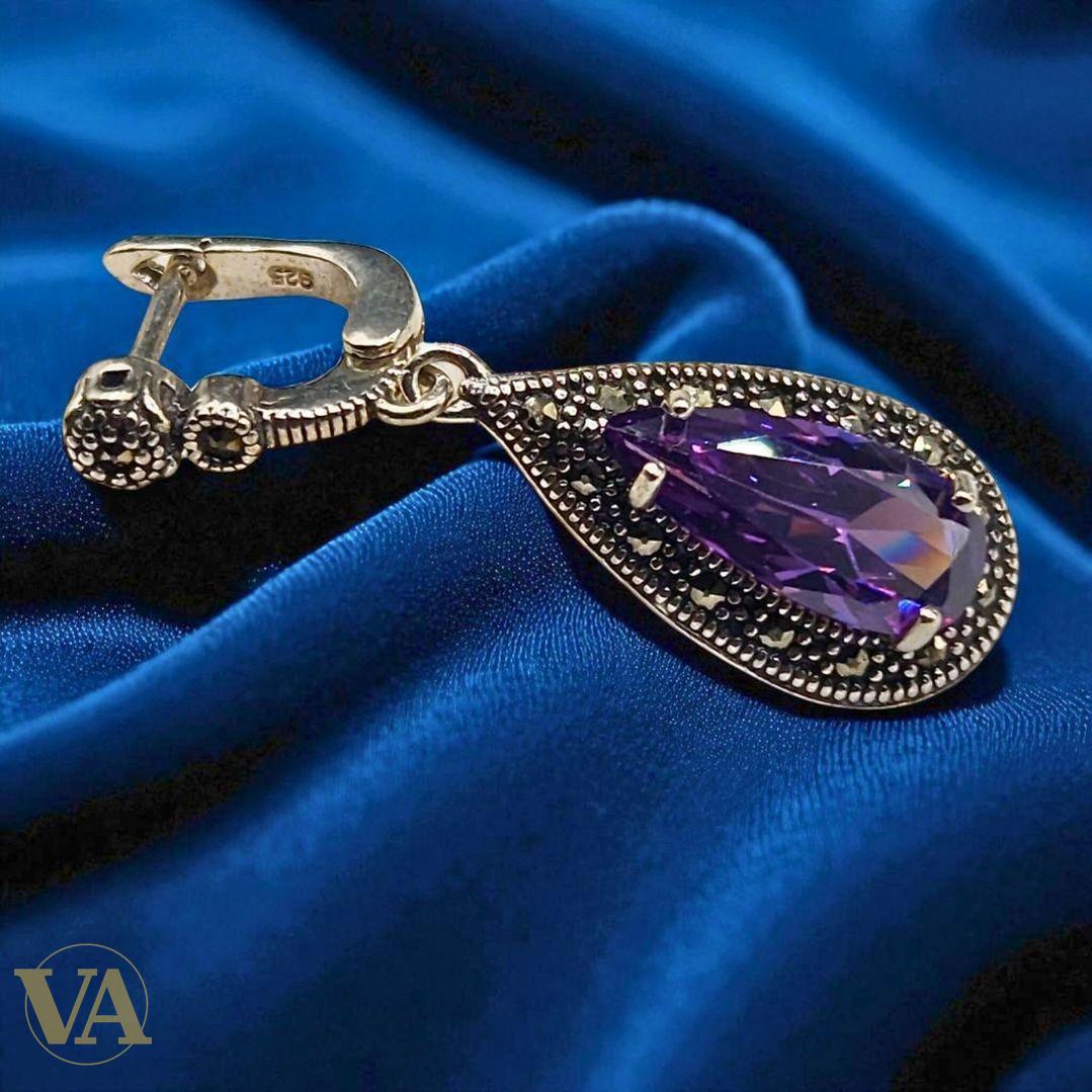 Boucles d’oreilles pendantes goutte Améthyste en Argent 925 style vintage