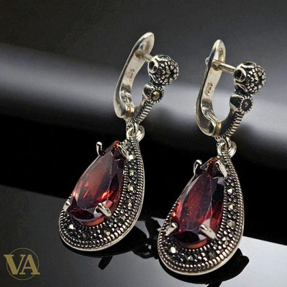 Boucles d’oreilles Femme pendantes goutte Grenat en Argent 925 style vintage